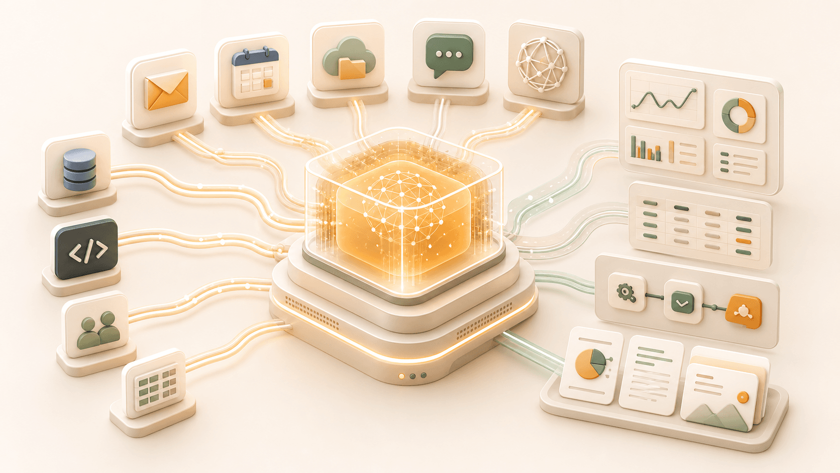 AI operating system connecting business data sources to dashboards, records, workflows, and documents