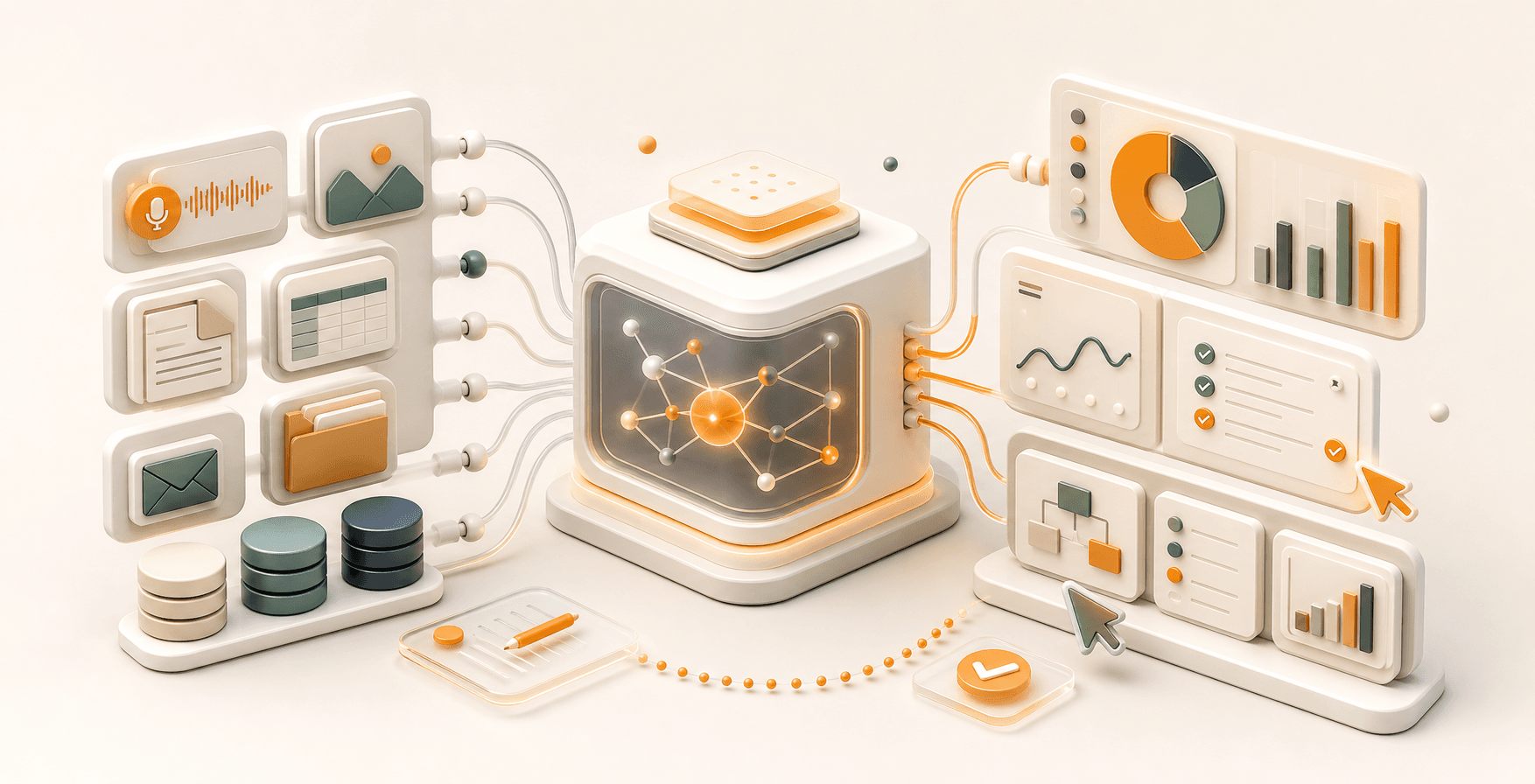 AI software layer connecting business inputs to dashboards and action workflows
